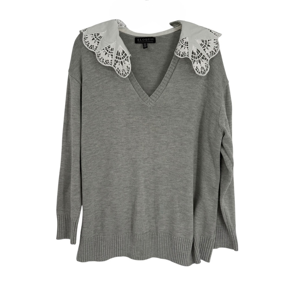 Eloquii Gray Sweater Women’s 3/4 Sleeve White Lace Collar Size 18/20 V-neck
